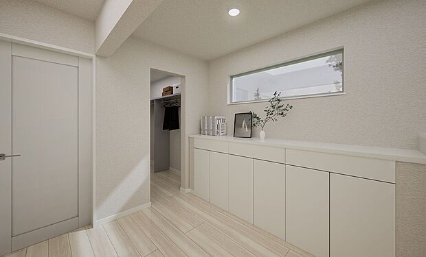 【【(17)完成予想図】】収納充実プランで室内スッキリ快適!2Fホールにはキャビネット付きカウンターを設置し、本や小物の収納に便利です。