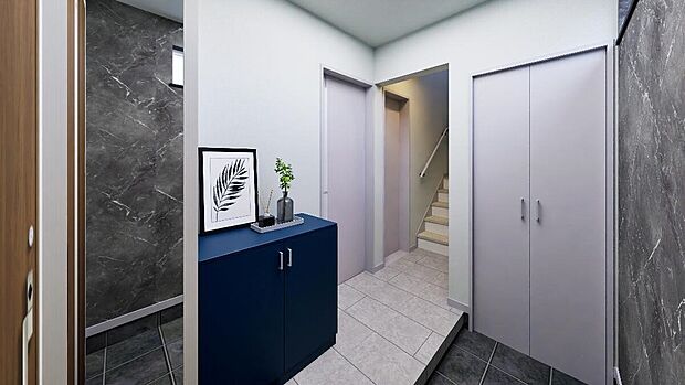 【【2号棟 完成予想図】】階段下収納やシューズボックスなど、収納豊富な玄関スペース。いつでもすっきり片付き、来客やご家族をお出迎えできます。