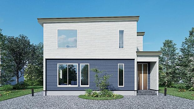 【【2号棟 完成予想図】】ネイビーブルーのフラットなデザインの外装材が、現代的なデザインを表現しています。