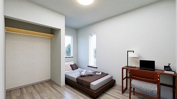 【【2号棟 完成予想図】】ナチュラルな内装のため、どんなインテリアもマッチします。通気性が良く、空間を広く見せる効果のあるオープンクローゼット付き。