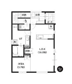 約16帖のLDKや、広いユーティリティスペースが魅力の1階部分。スムーズに生活を送れる間取り設計です。 