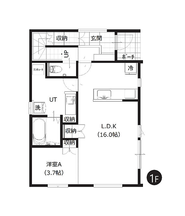 【4LDK】約16帖のLDKや、広いユーティリティスペースが魅力の1階部分。スムーズに生活を送れる間取り設計です。