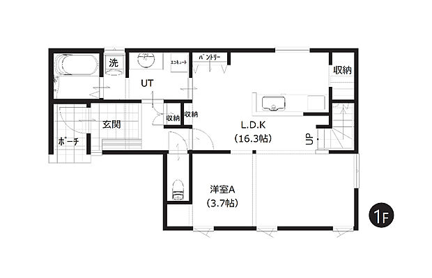 【4LDK】1階はご家族の集まるLDKと水回りを配置。家事がスムーズに進む、ラクさにこだわった回遊動線になっています。