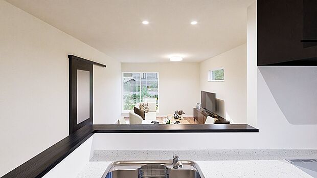 【【A棟 完成予想図】】キッチンには食器棚とパントリーを備え、収納しやすく、食洗機付きで片付けもスムーズ。キッチンからリビングを一望できるため、家族との会話を楽しみながら料理ができます。