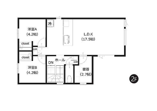 【3LDK】LDKは約17.5帖とゆとりある広さ。2階リビング仕様で開放感が有り、プライバシーの確保もしやすい設計です。
