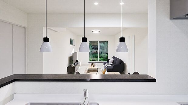 【【完成予想図】】お手入れしやすく熱効率の良いIHクッキングヒーターのシステムキッチンを採用。ご家族やご友人と会話をしながらお料理ができる対面式です。