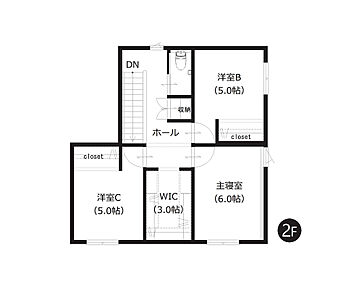 2階廊下に3帖のWICを備え、収納にゆとりのある間取りです。三方に洋室が配置され、ご家族それぞれの時間を大切に過ごせます。 