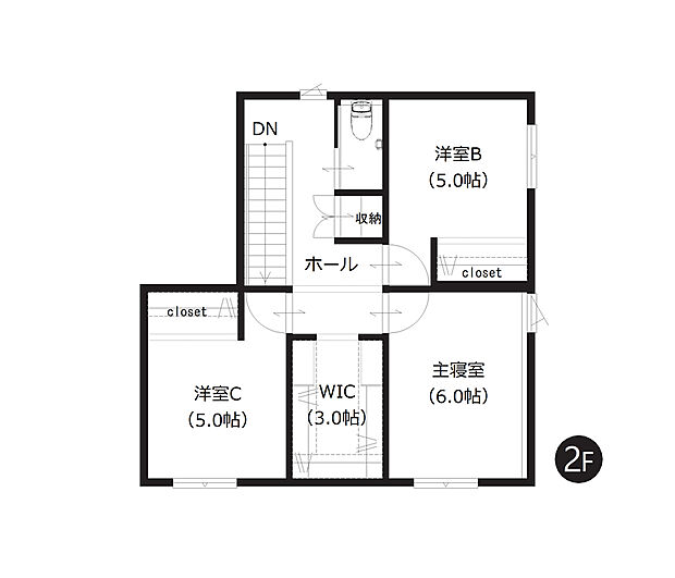 【4LDK】2階廊下に3帖のWICを備え、収納にゆとりのある間取りです。三方に洋室が配置され、ご家族それぞれの時間を大切に過ごせます。