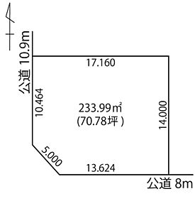 敷地面積は約70坪とゆとりのある広さ。建物の配置や間取りの自由度が高い、間口の広い整形地です。 