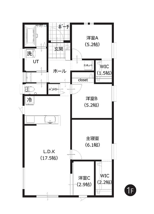 【4LDK】ゆとりある17.5帖のLDKと4つの洋室を備えた平屋プラン。WICやパントリーなど各所に収納を確保した機能的な間取りです。