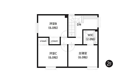 2階の全洋室は約6帖のゆとりある広さ！ウォークインクローゼットを含む全居室収納付きで、衣類や大きな荷物もすっきり収納できます。 