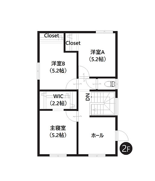 【2F間取り図】
2F洋室は全居室収納付き。大容量のWICト付きのお部屋もございます。