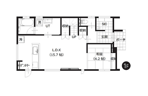 【1階間取図】
間取りは4LDKです。LDKはゆとりの約15帖越え。隣接した和室は客間としても重宝できますね。