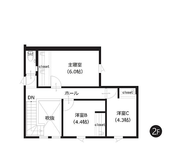 【2階間取図】
すべての居室に収納を備え、衣類や身の回りの品を整理しやすい住まい。居住スペースを広く使えるのも魅力です。