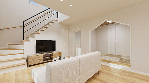 【【完成予想図】】リビングと空間をゆるやかに区切る小上がりヌックは、落ち着けるスペースに。
お子様のプレイスペースや趣味の場としてなど家族それぞれが使える空間になります。