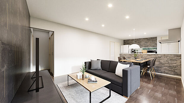 【【完成予想図】】ご家族が集まるLDKは15帖以上、ゆったりとお寛ぎ頂ける広さです。玄関からリビングを通る間取りで、家族間のコミュニケーションが増えます。