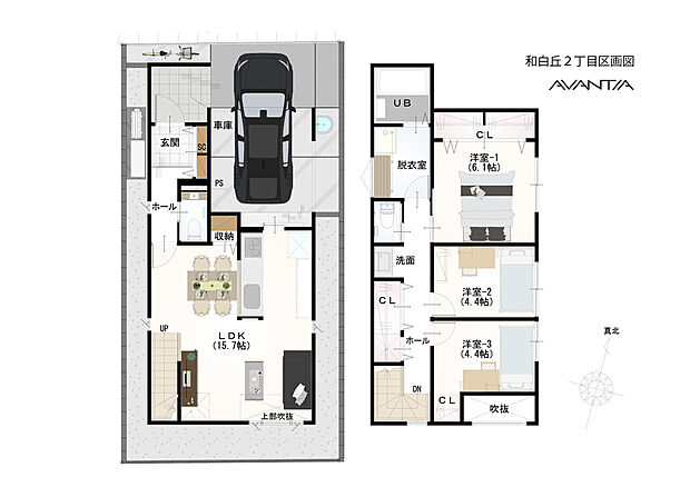 1号地 駐車スペースは1台 ハーフガレージで雨の日のお買い物もラクラクの3LDK