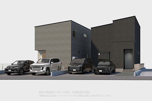 【ネクストの家 福津市西福間3丁目】
スーパー・コンビニ・ドラッグストアが徒歩14分圏内に位置する、生活便利なロケーション！小学校まで徒歩9分で、子育て世帯にもおすすめです。/1・2号棟完成予想図