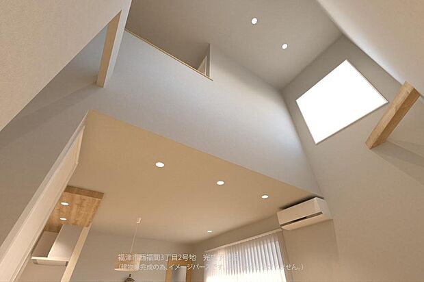 【2号地/完成予想図/LDK】
LDKの一部が上部吹抜けになっており開放感があります。高窓からやわらかな陽光が降り注ぎ、心地よい空間を演出してくれます。