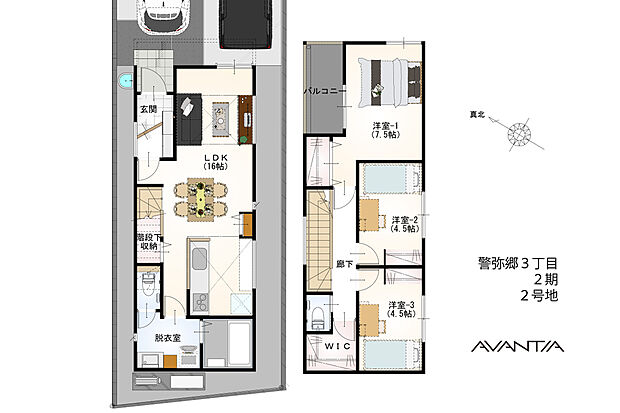 【2号地・間取図】
リビング階段が採用された間取り。ご家族が集うLDKは、約16.0帖の広さがあります。全居室収納のほか、2階廊下にファミリークローゼットとして利用できるWICが設置されています。