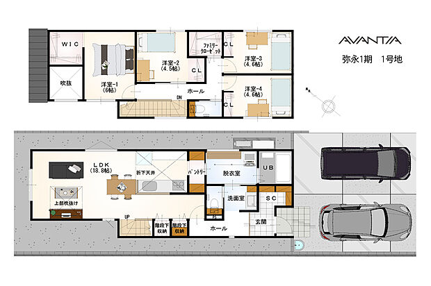 【間取図】
回遊性のある水回りで、家事効率に配慮された住まい。シューズクロークやパントリー・ファミリークローゼット・WICなど豊富な収納が備わっており、すっきりとした暮らしが叶うプランです。