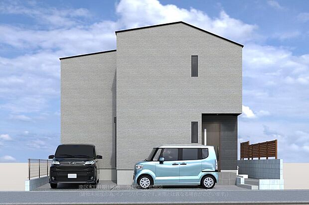 【外観完成予想図】
第一種低層住居専用地域内の落ち着いた住宅街に、生活・家事動線の良い住まいが誕生。スーパー・小学校が徒歩5分圏内に位置する、子育て世帯におすすめのロケーションです。