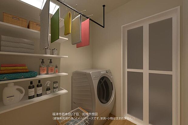【【完成予想図/洗面室】】洗面室と脱衣室の間に扉を設け、家族間でもプライバシーを確保できる設計。玄関脇に洗面室を配置◎帰宅後、すぐに手洗いが可能です。