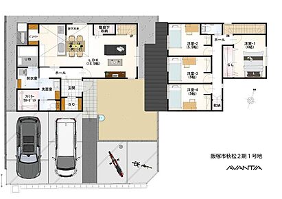 全居室の収納に加えて、FCLやSCなど収納スペースが豊富な住まい。LDKは約18.5帖の広さで、空間に奥行きを演出する折下天井が採用されています。 