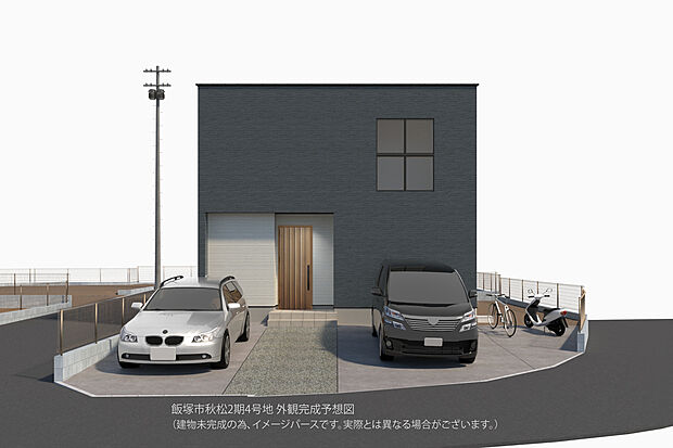 【【外観完成予想図/4号地】】スクエア型のシンプルですっきりとしたデザイン。玄関ポーチは前面道路から距離が保たれ、アプローチ部分にゆとりが感じられます。/完成予想パース
