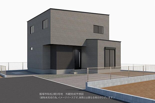 【【外観完成予想 図/3号地】】シックな配色でまとめられた3号地。複数台駐車可能なカースペーや広い庭が確保された4LDKの住まいです。ゆとりのあるスペースBBQやプールなどを楽しめます。/完成予想パース