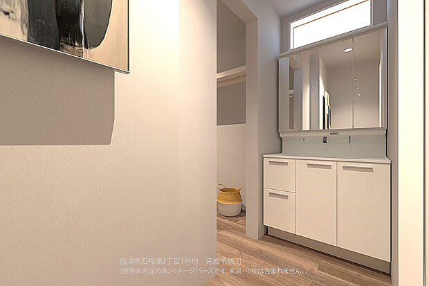 【【1号地/完成予想図/洗面室】】3面鏡や手洗いボウル下に収納が備わった洗面化粧台。玄関ホールから直接繋がっており、帰宅後すぐの手洗いが可能です。
