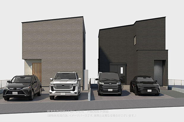 【【街並完成予想図】】敷地面積49坪超に建つ、新築戸建2棟を販売中！ワンカラーをメインとした、シンプルかつ片流れの屋根がスタイリッシュな外観です。ぜひ、お気軽にお問い合わせください。
