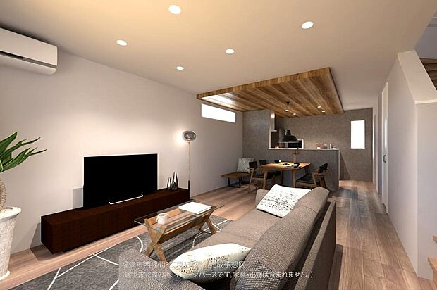 【【1号地/完成予想図/LDK】】キッチンからリビングまでオープンに広がる、開放感のあるLDK。家具を配置してもゆとりのある広さで、ご家族揃ってゆったりとお寛ぎいただけます。
