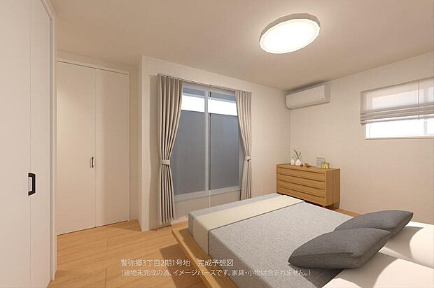 【【1号地内観パース/洋室】】約8.0帖の洋室は2面採光のため、心地よい陽光と風が巡ります。洋室の中で最も広く、主寝室におすすめです。