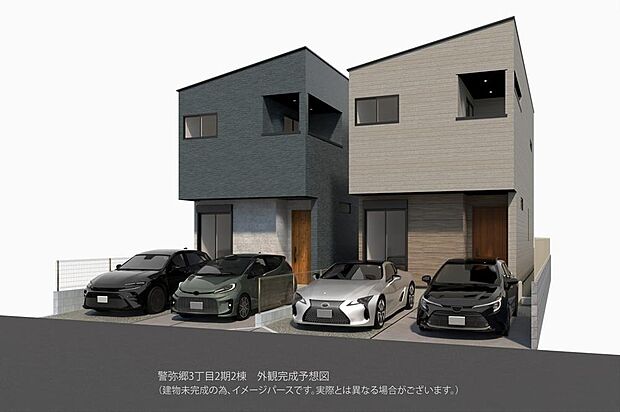 【【外観パース】】JR博多南線「博多南」駅まで徒歩21分の立地。家計にも地球にもやさしいオール電化仕様の住まいです。カースペース2台分有(車種による)。