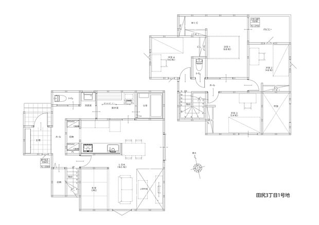 【1号地参考プラン】1階はリビング横に畳コーナーを設け、2階に4部屋の「4LDK」プラン。各居室収納あり。吹き抜けから明るい光の差し込むLDKは16.5帖の広さです。田園広がるのどかな環境も魅力。/建物面積107.64m2、建物価格2024万円