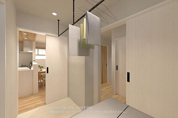 【【完成予想図(洗面室)/1号地】】玄関ホールとLDKから出入り可能。生活動線がスムーズです。ランドリールームとしても活用でき、洗濯物が乾いた後はそのまま収納棚に保管できます。