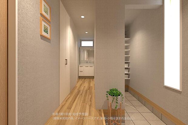 【【1号地/完成予想図/廊下】】玄関から洗面室へスムーズにつながる間取りです。帰宅後すぐに手洗いができ、汚れや花粉を室内に持ち込みません。※建物未完成のため、イメージパースです。家具・小物は含まれません。
