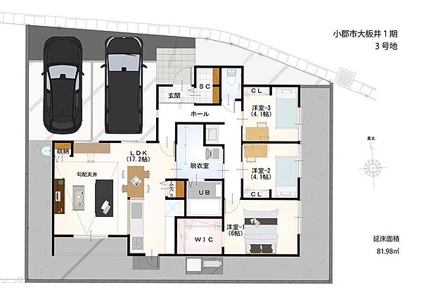 【3LDK】【3号地】
勾配天井が開放感を演出する17帖超のLDK。階段の上り下りがなく、スムーズな生活動線が叶う平屋住宅です。LDの一角に設けられたカウンターや豊富な収納など、暮らしやすさに配慮された設備・仕様が充実◎