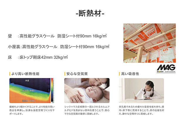 【断熱材】高性能グラスウール使用。断熱性能だけでなく、シックハウス症候群のなりにくさや、吸音性にも優れた素材。