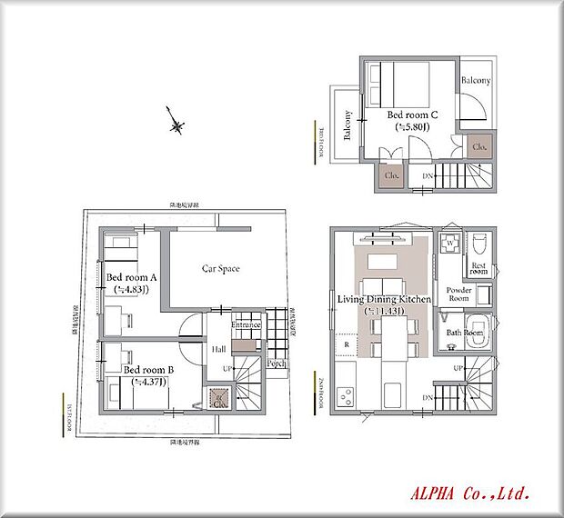 2階オープンエアなワンフロアタイプのLDKが魅力の間取りです。陽光と清風が直線に渡る2つのバルコニーと収納を備えた洋室、雨の日の乗降に便利なビルトインガレージと2面採光の2洋室、魅力満載の設計です。