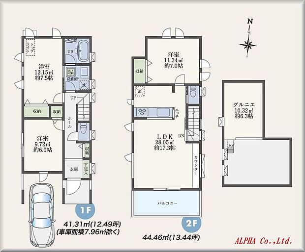 こちらはBタイプの間取り図になります。Aタイプとは違い1階にお部屋があるタイプとなります。お部屋がキッチンに近いため小さなお子様がいても家事をしながらお部屋でお昼寝や一緒に遊ぶこともできます。