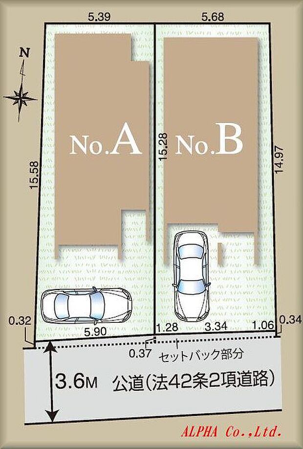 こちらは区画図となっております。敷地面積はAタイプは87.12平米、Bタイプは86平米となっております。南道路に面しているため陽当たりも良く、風通しも良好です。A区画B区画両方の紹介も可能です。