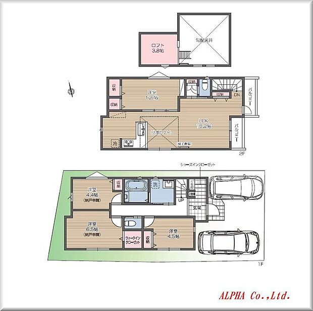 【4LDK】皆様がゆとりを持ってお過ごしいただける2階建4LDKのお家になります。暮らしの中心となるLDKは18.2帖を確保、リビング上部を勾配天井にする事で開放感を演出しております。各洋室には全てクローゼットを配し、ダイニングスペース上部にはロフトも設置しております。収納を豊富にした機能的な間取りになります。