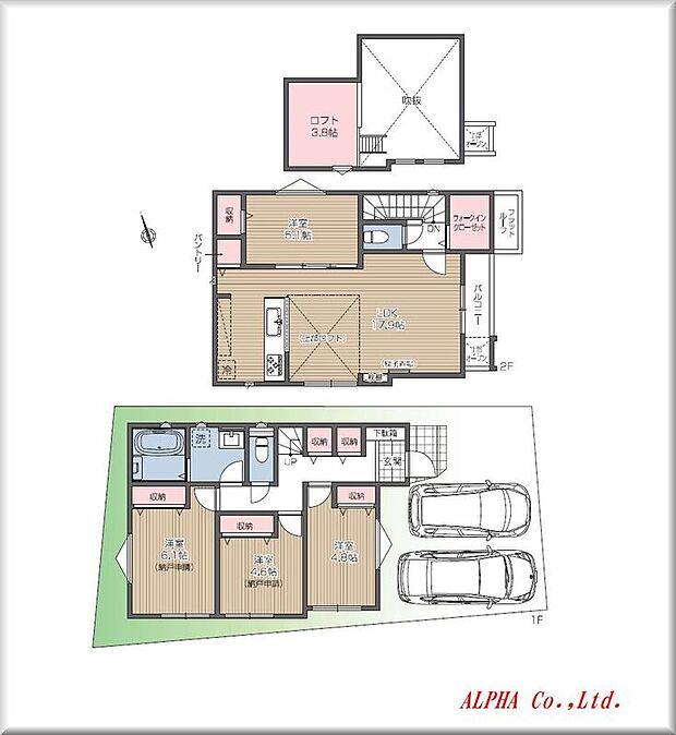 【4LDK】皆様がゆとりを持ってお過ごしいただける2階建4LDKのお家になります。暮らしの中心となるLDKは17.9帖を確保、リビング上部を勾配天井にする事で開放感を演出しております。各洋室には全てクローゼットを配し、ダイニングスペース上部にはロフトも設置しております。収納を豊富にした機能的な間取りになります。