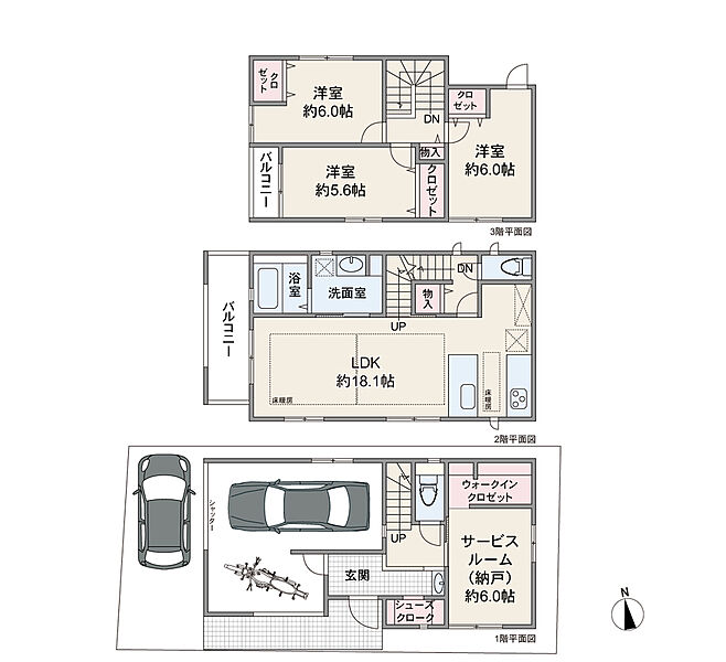 2坪分のゆったりとした階段スペースを確保。3階居室クロゼットは広々奥行き90cm。奥様方の要望が多いシューズインクロゼット、1階手洗いスペース等を備えた贅沢な住空間です