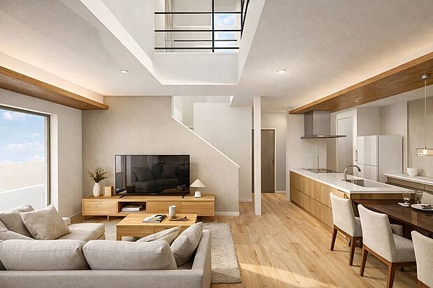 【内観パース】ジャパンディstyleのLDKは広々２４帖。解放感のある吹抜けも魅力です。