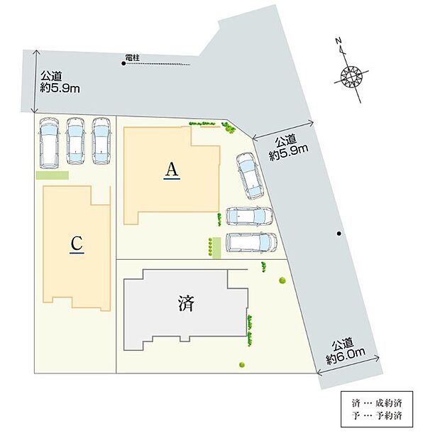 【全体区画図】
全3棟の5LDK。前面道路は北東側約5.9ｍ、南東側約5.9～6.0ｍで、ゆとりがあります。落ち着いた環境で、安心して子育てができる住まいです。