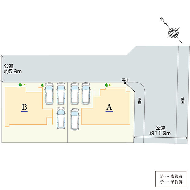 東角地を含む、全2棟の新築戸建。東側道路の幅員は約11.9m、北側道路の幅員は約5.9mです。駐車スペース有。A棟、B棟共に3台分。