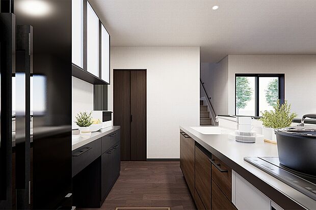 シンク側・コンロ側それぞれに収納を設けることで、調理器具や食器、調味料などを整理整頓しやすく、スッキリとした空間を維持できます。2号地|建物プラン